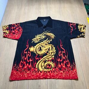 Vintage KNU Gear Button Up Shirt Japanese Dragon Flames Mens XL Y2K